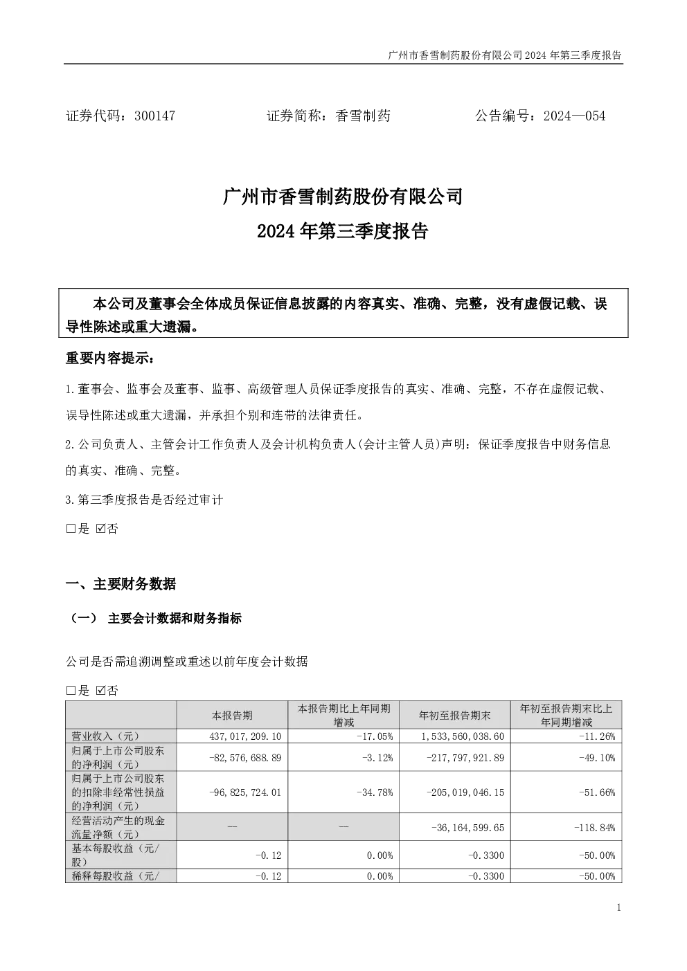 香雪制药：2024年三季度报告