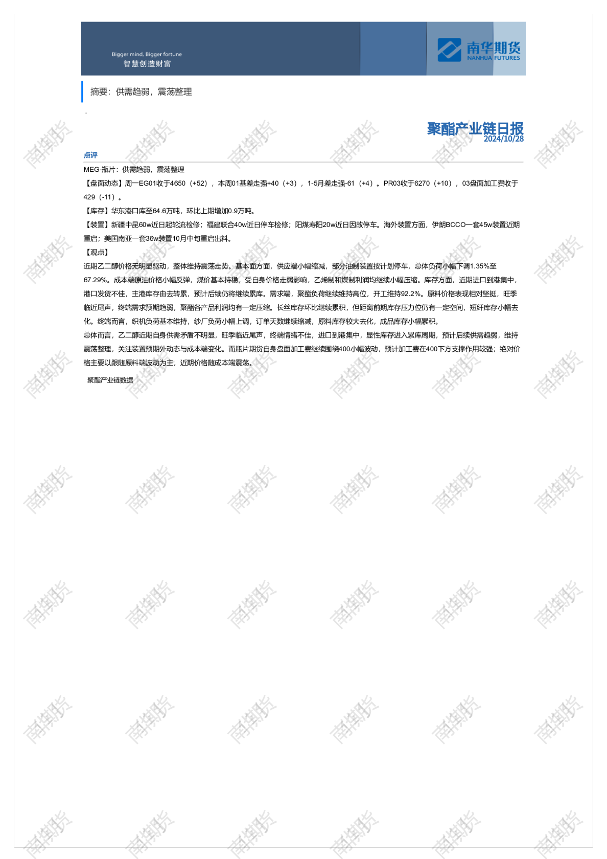 南华聚酯产业日报（1028）