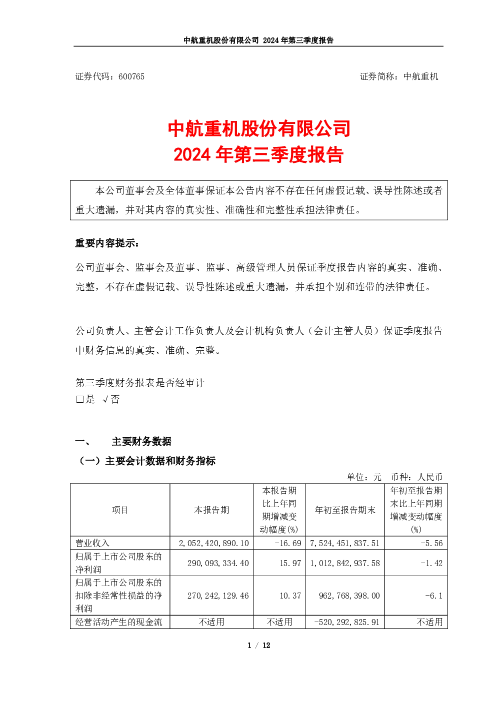 中航重机：中航重机2024年第三季度报告