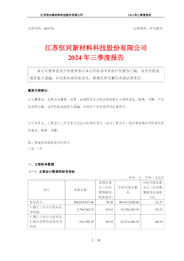 恒兴新材:2024年三季度报告