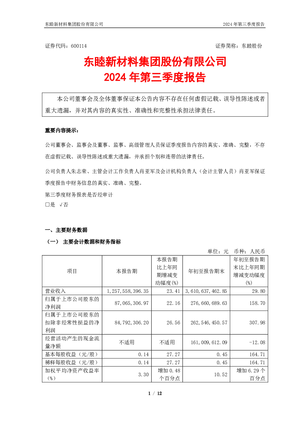 东睦股份：东睦股份2024年第三季度报告