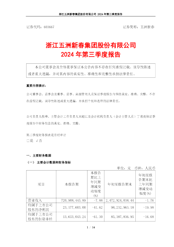五洲新春：五洲新春2024年第三季度报告