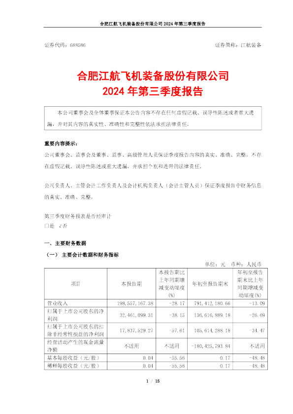 江航装备:江航装备2024年第三季度报告