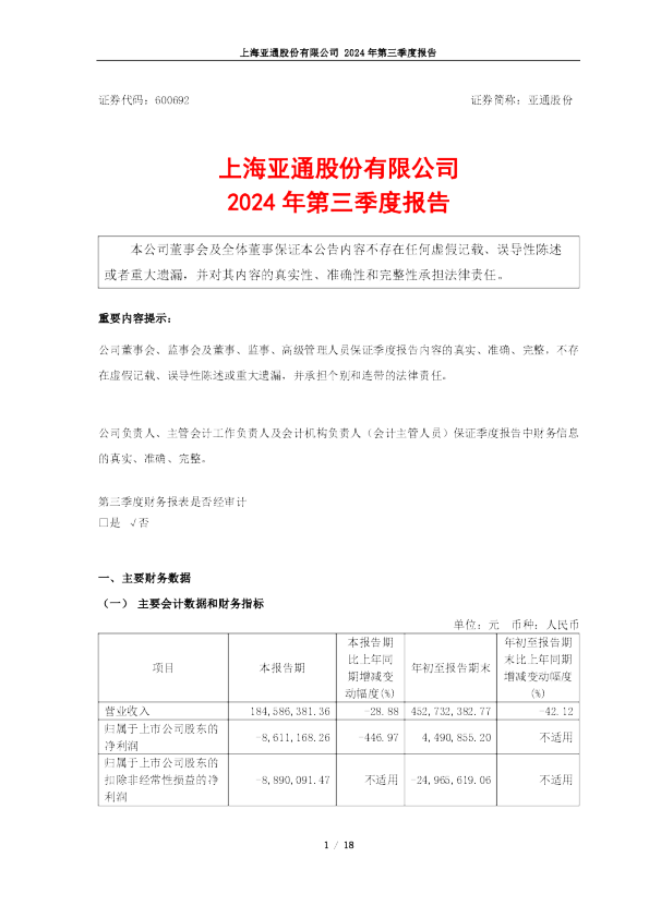 亚通股份：亚通股份2024年第三季度报告