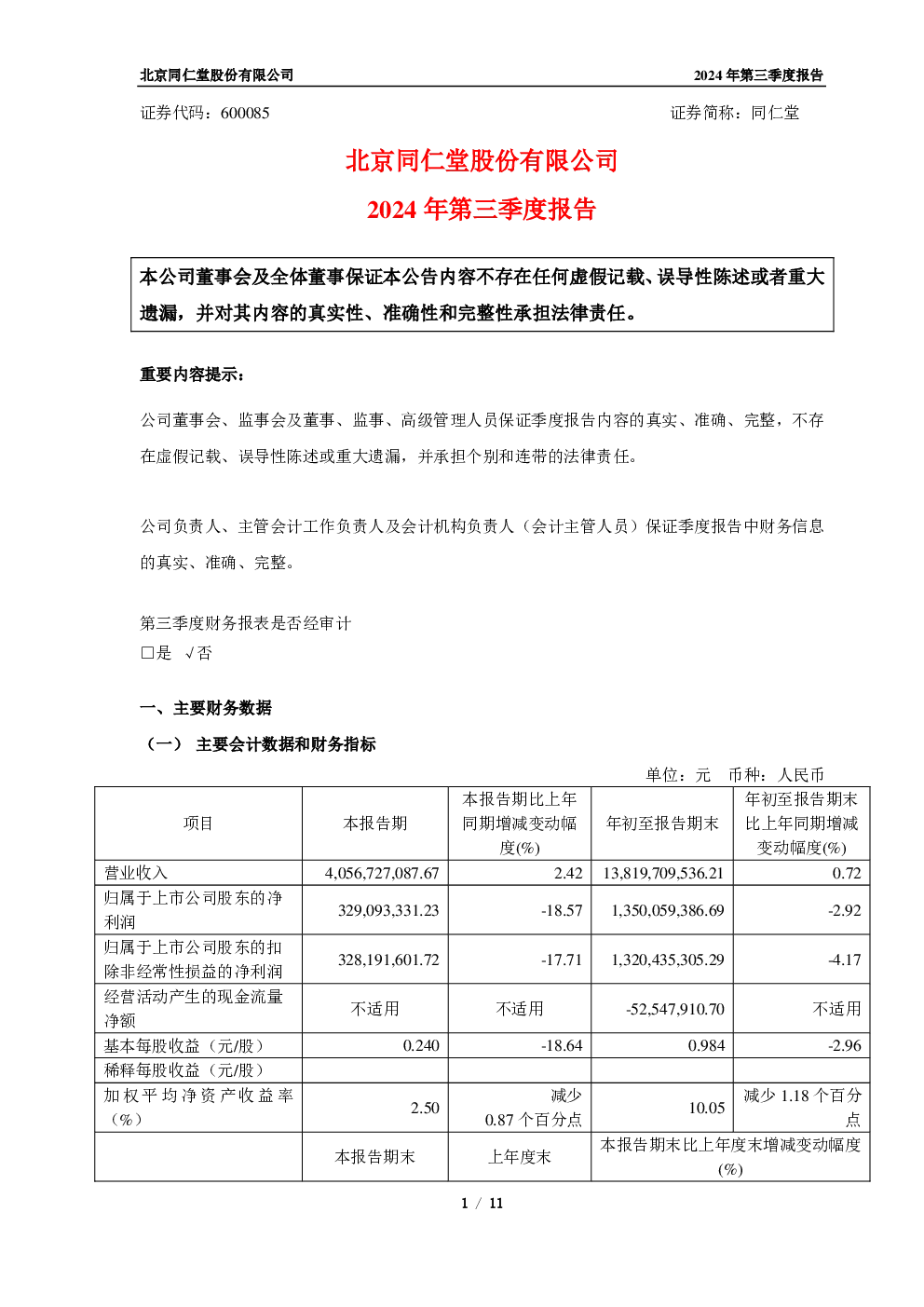 同仁堂：同仁堂 2024年三季度报告