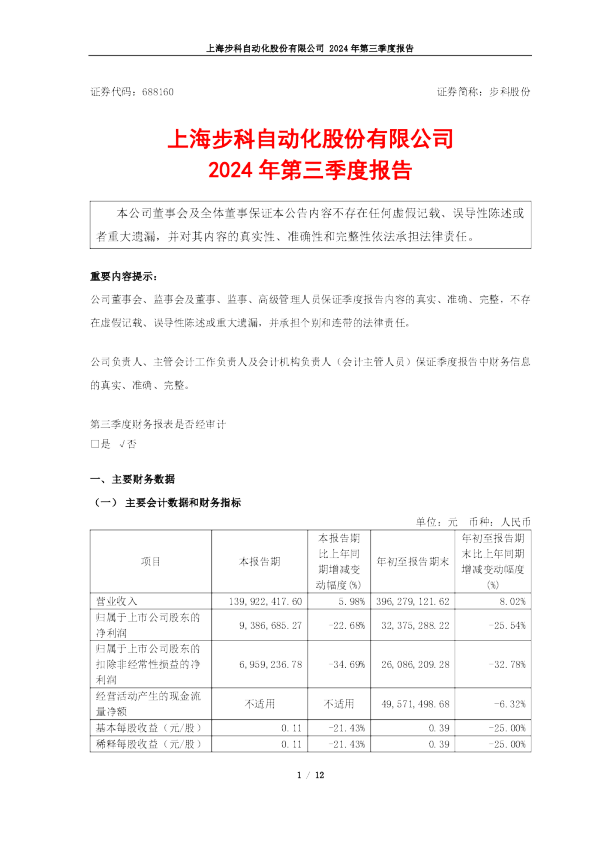步科股份：2024年第三季度报告