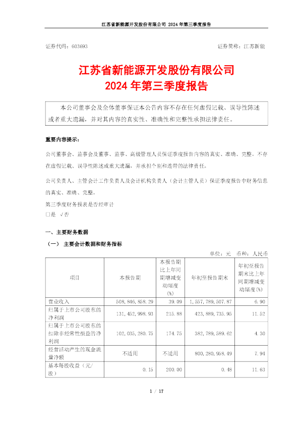 江苏新能：江苏新能2024年第三季度报告