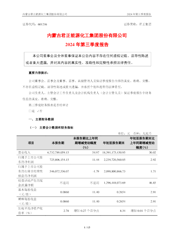 君正集团：君正集团2024年第三季度报告