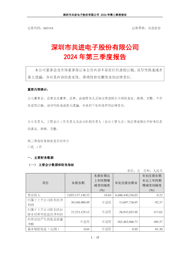 共进股份：  2024年第三季度报告