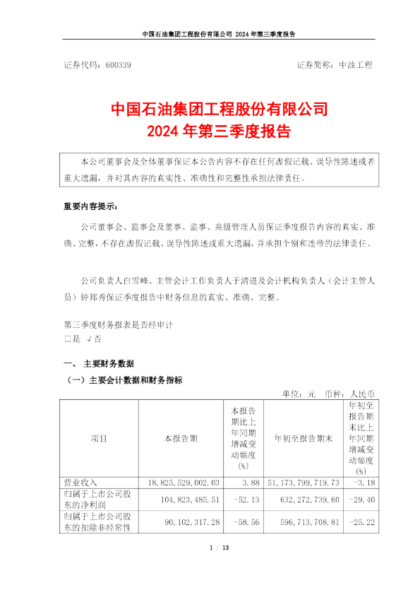 中油工程：中油工程2024年第三季度报告