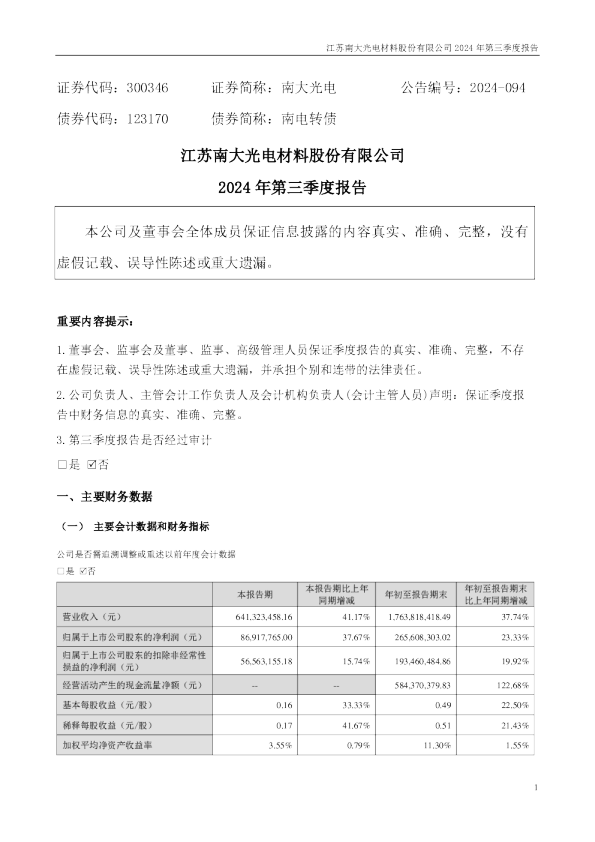 南大光电：2024年三季度报告