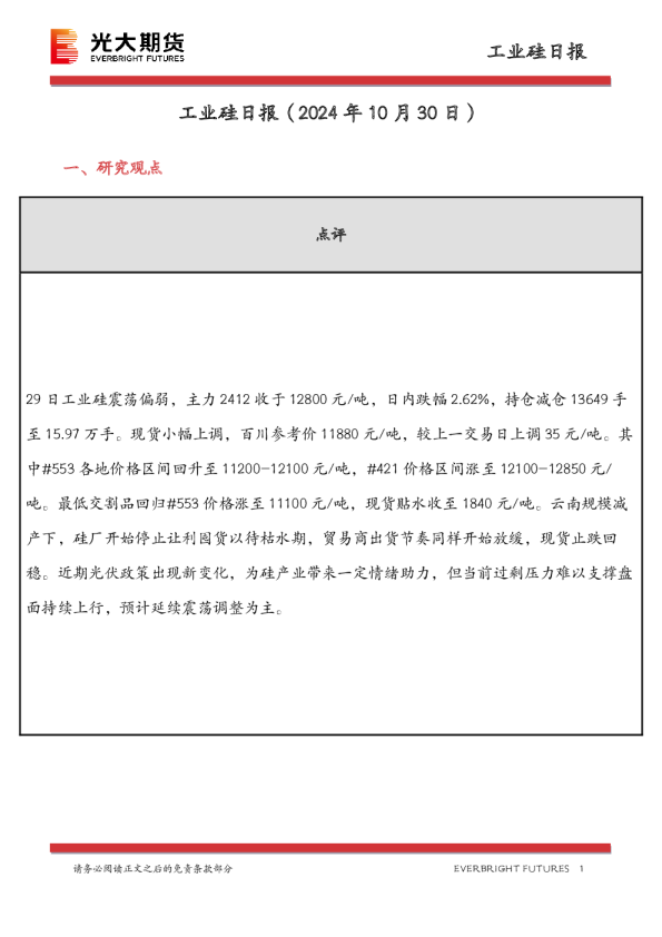 工业硅日报