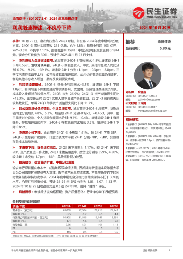 2024年三季报点评：利润增速稳健，不良率下降