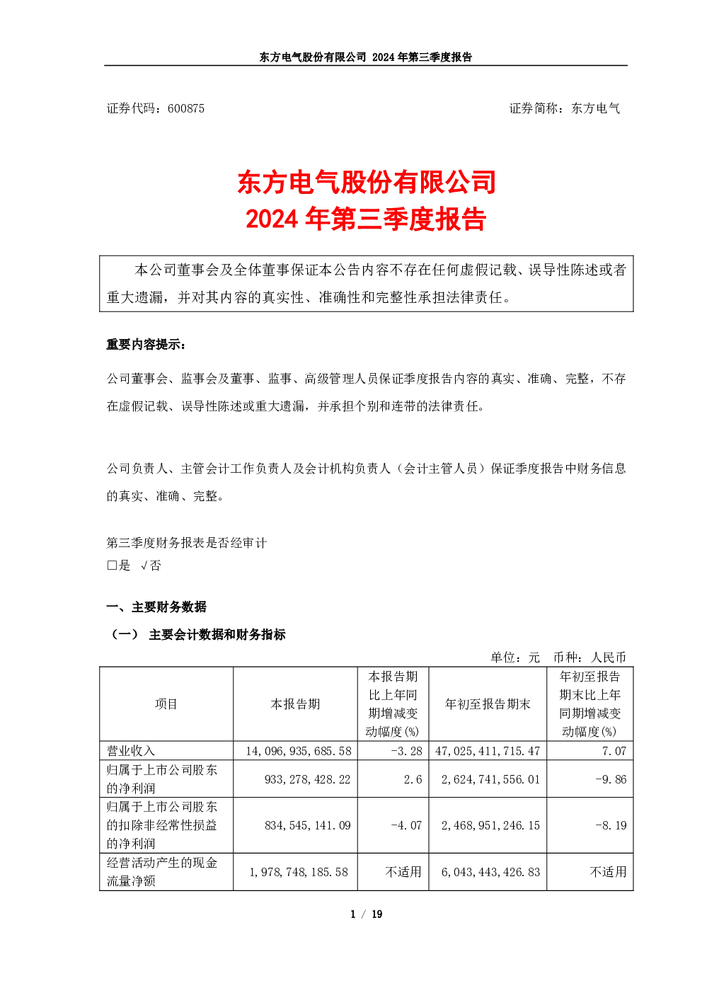 东方电气：2024年第三季度报告