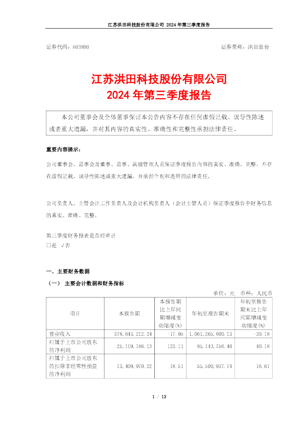 洪田股份：2024年第三季度报告