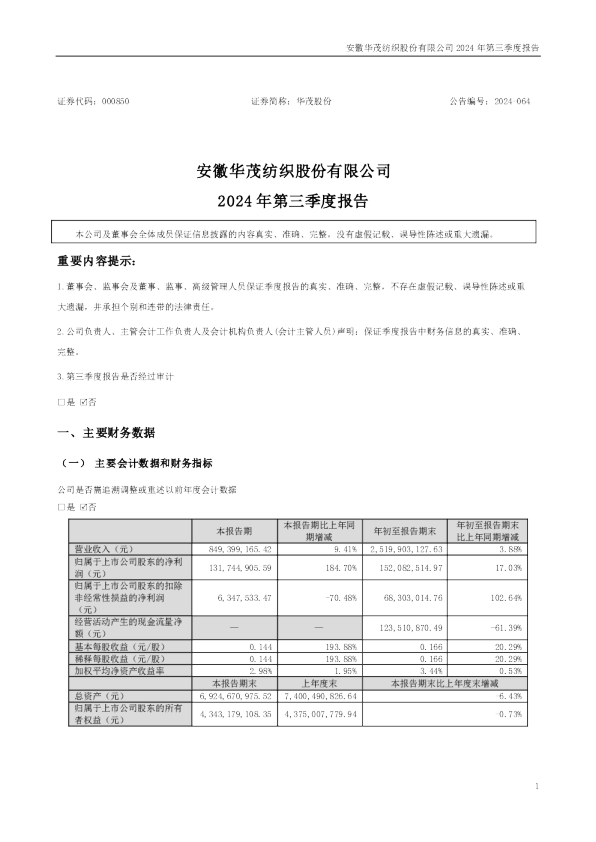 华茂股份：2024年三季度报告