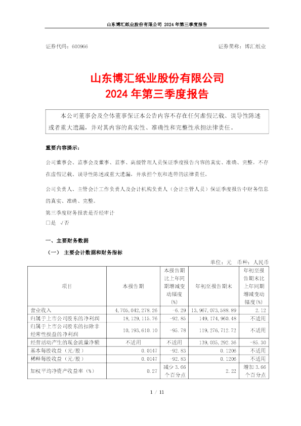 博汇纸业：2024年第三季度报告