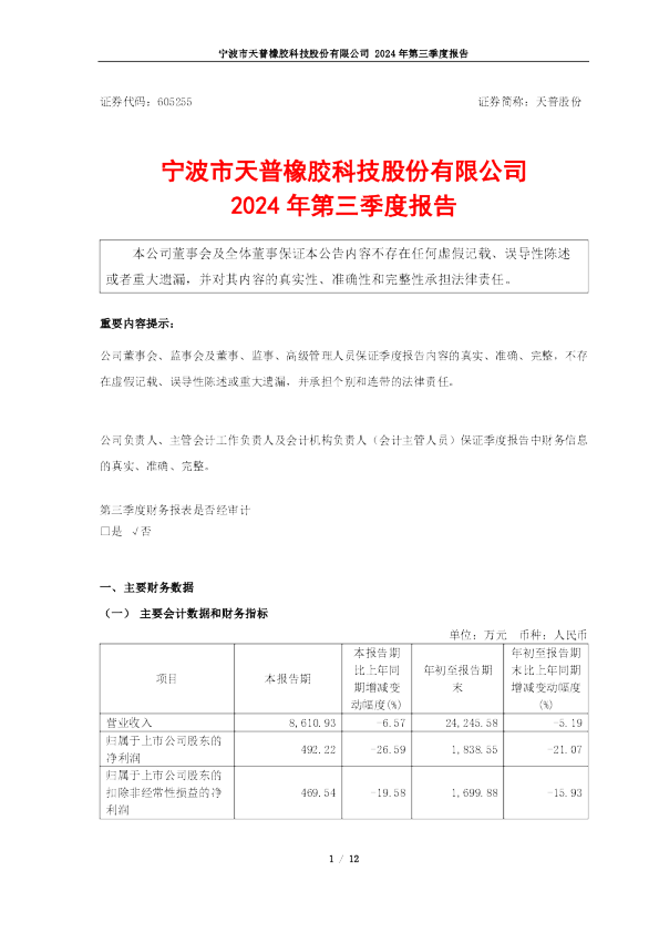 天普股份:天普股份2024年第三季度报告
