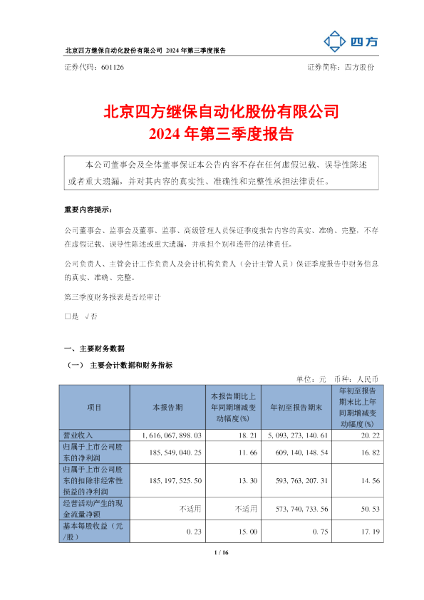 四方股份：四方股份2024年第三季度报告