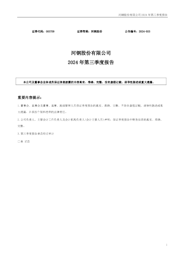 河钢股份：2024年三季度报告