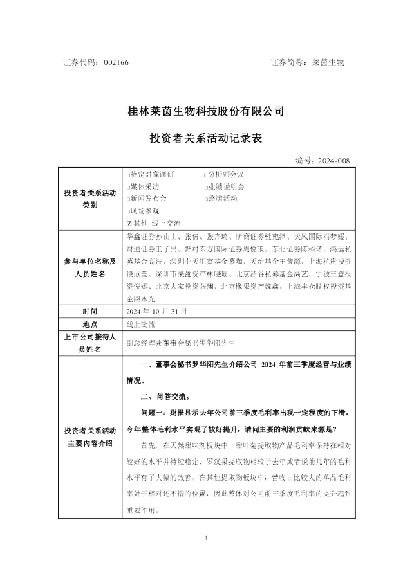 莱茵生物投资者关系管理信息
