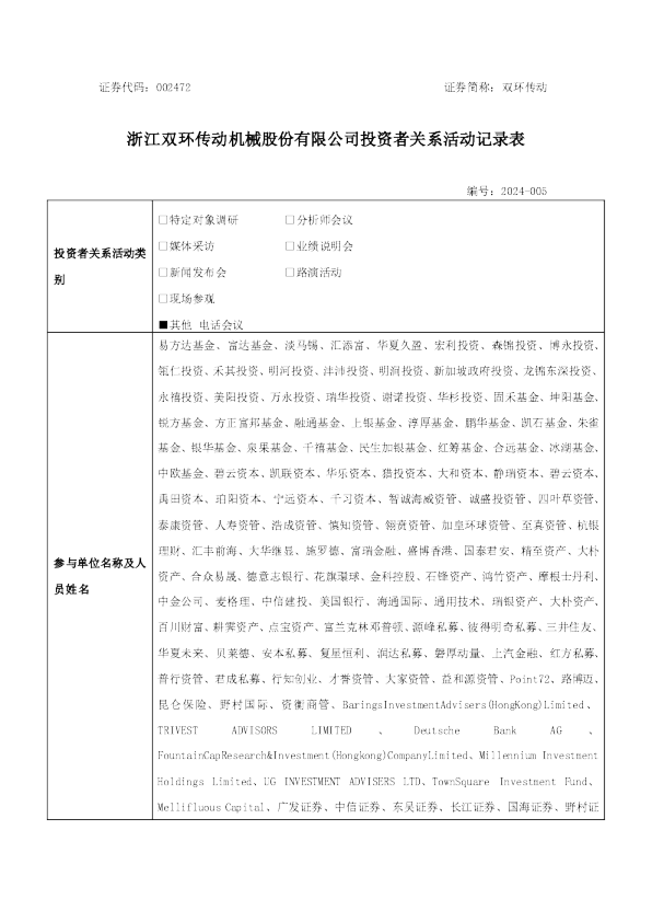 双环传动投资者关系管理信息