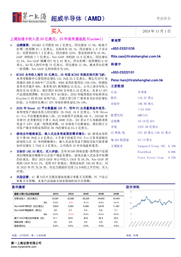上调加速卡收入至50亿美元，25年底有望追赶Blackwell