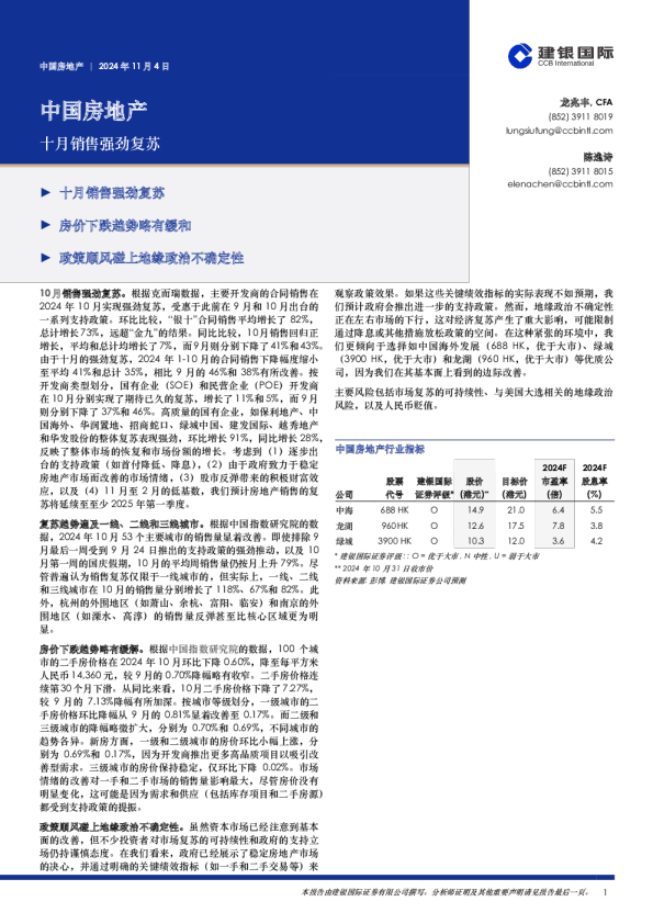 中国房地产：十月销售强劲复苏