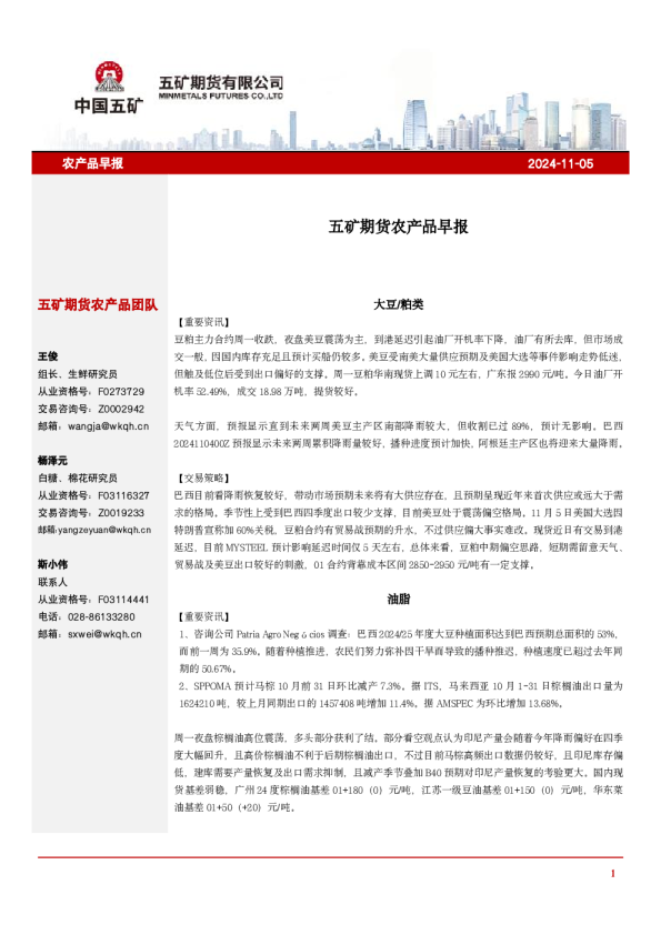 五矿期货农产品早报
