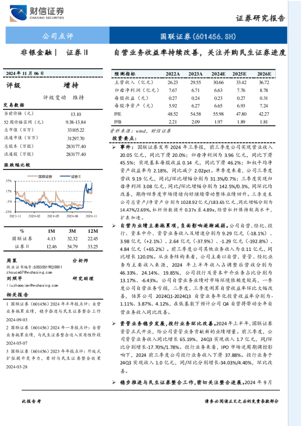 自营业务收益率持续改善，关注并购民生证券进度