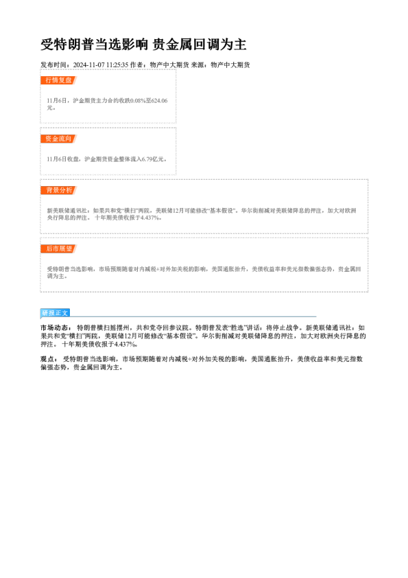 受特朗普当选影响 贵金属回调为主