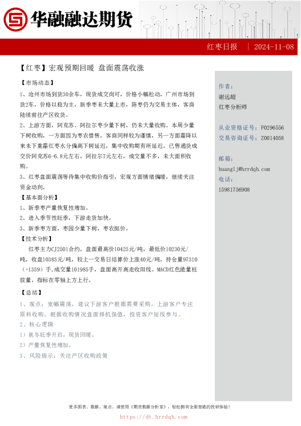 红枣日报-宏观预期回暖 盘面震荡收涨