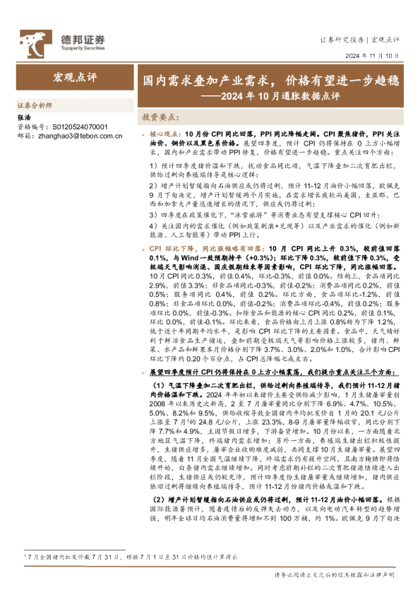 2024年10月通胀数据点评：国内需求叠加产业需求，价格有望进一步趋稳