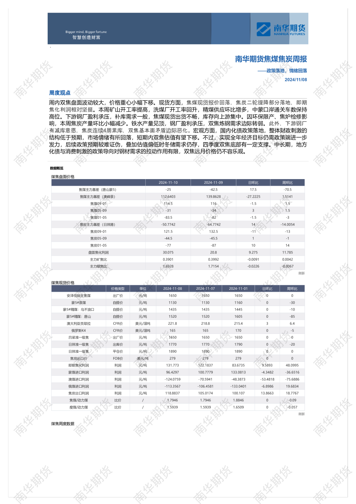 南华期货煤焦周报20241108：政策落地，情绪回落
