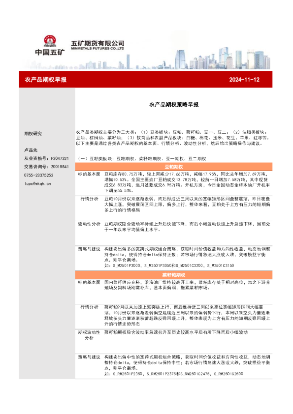 农产品期权策略早报