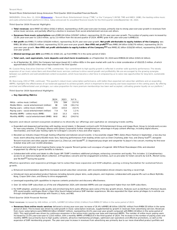 腾讯音乐2024年二季度报告