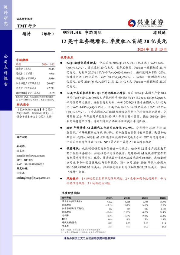 12英寸业务稳增长，季度收入首超20亿美元