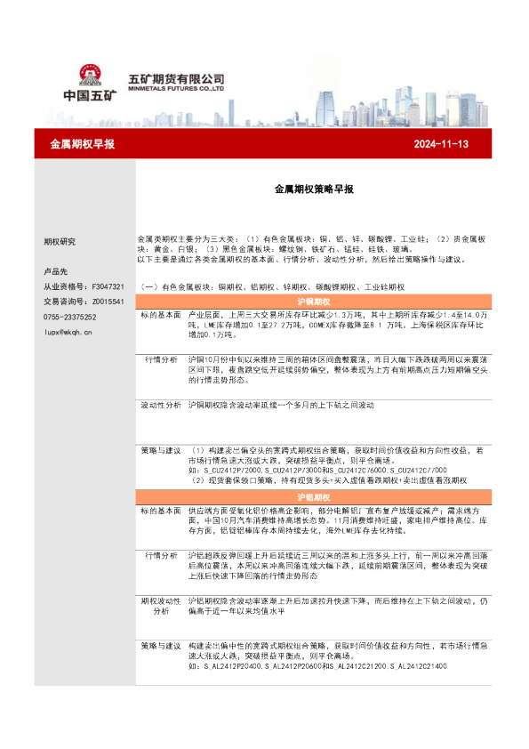 金属期权策略早报