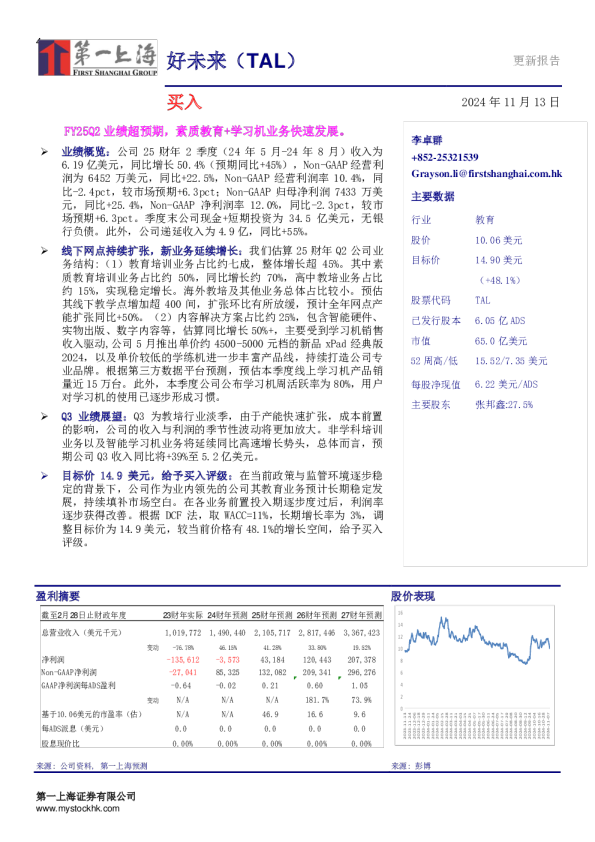 FY25Q2业绩超预期，素质教育+学习机业务快速发展。