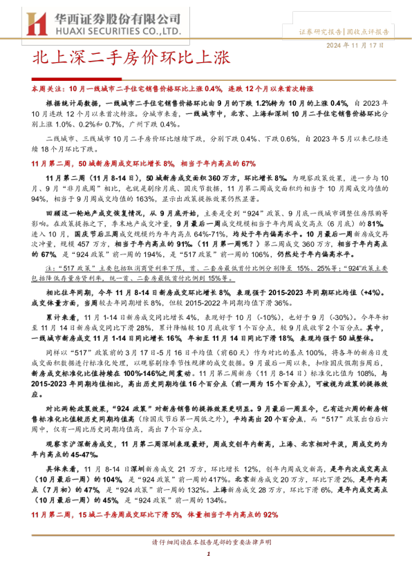北上深二手房价环比上涨