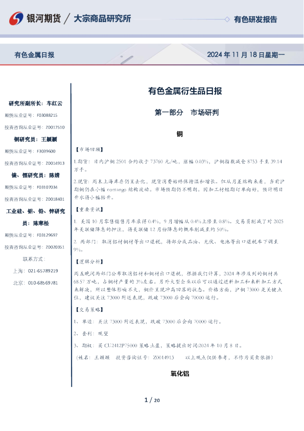 有色金属衍生品日报