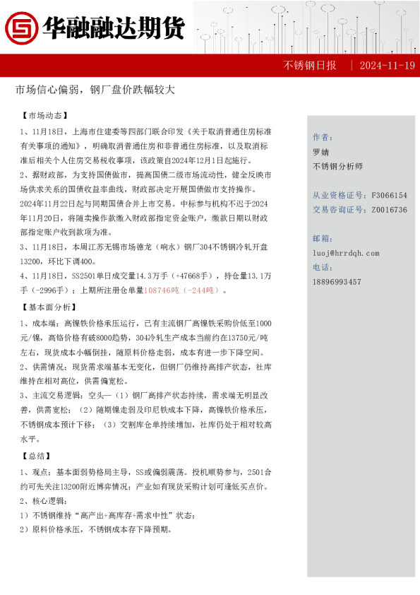 不锈钢日报-市场信心偏弱，钢厂盘价跌幅较大