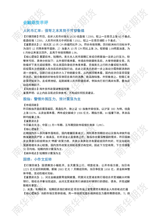 南华期货丨期市早餐2024.11.20
