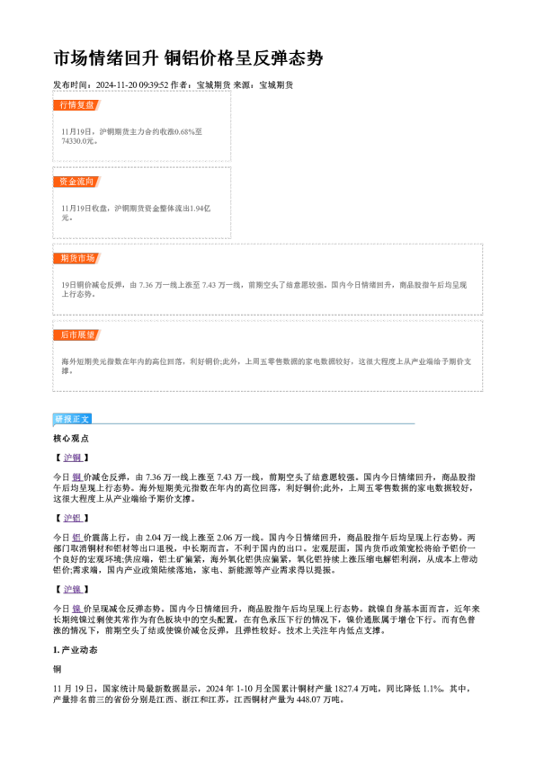 市场情绪回升 铜铝价格呈反弹态势