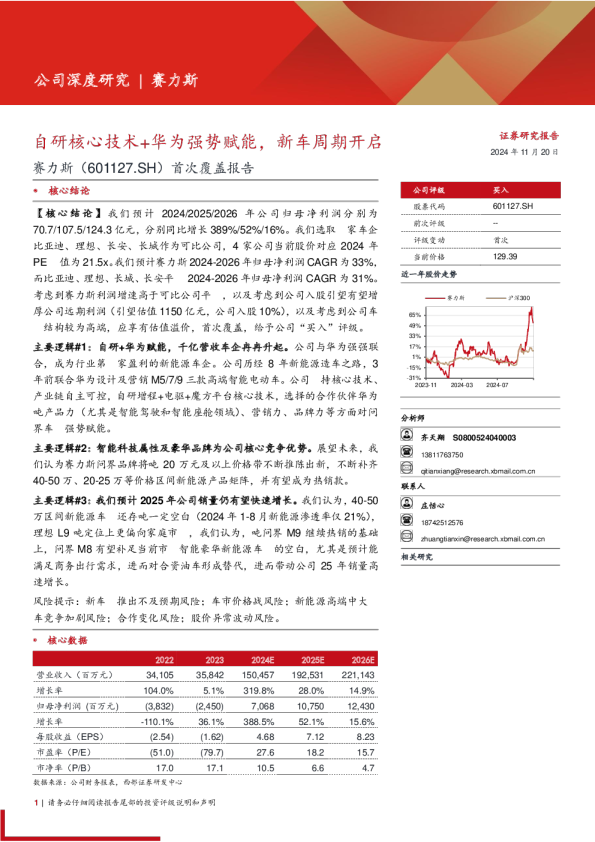 首次覆盖报告：自研核心技术+华为强势赋能，新车周期开启