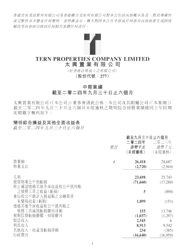 中期业绩截至二零二四年九月三十日止六个月