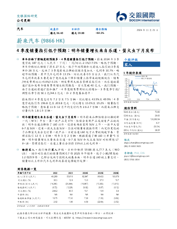 4季度销量指引低于预期;明年销量增长来自乐道,萤火虫下月发布