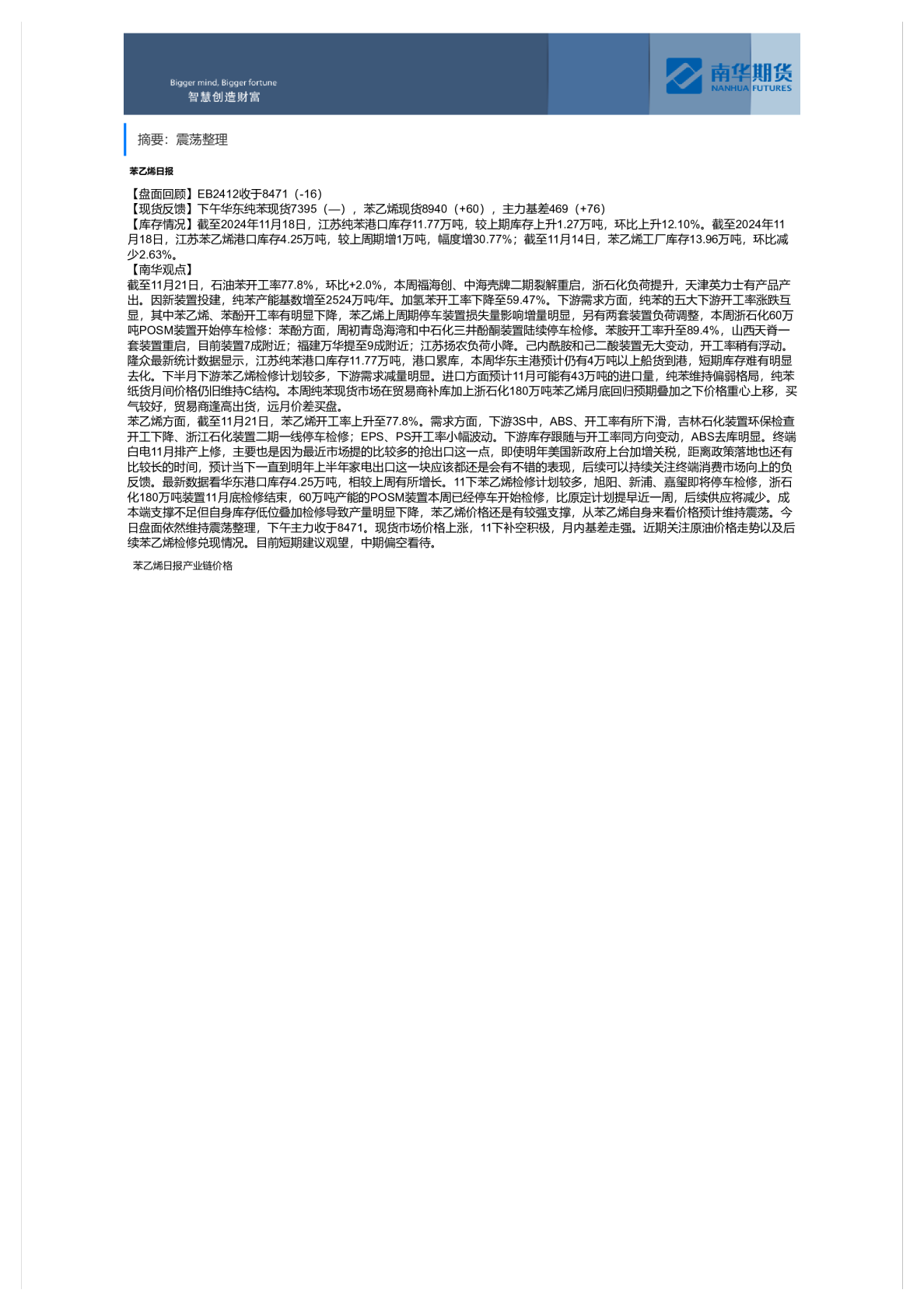 南华期货苯乙烯日报