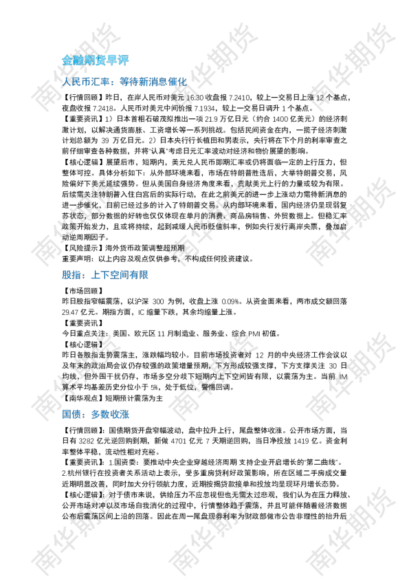 南华期货丨期市早餐2024.11.22