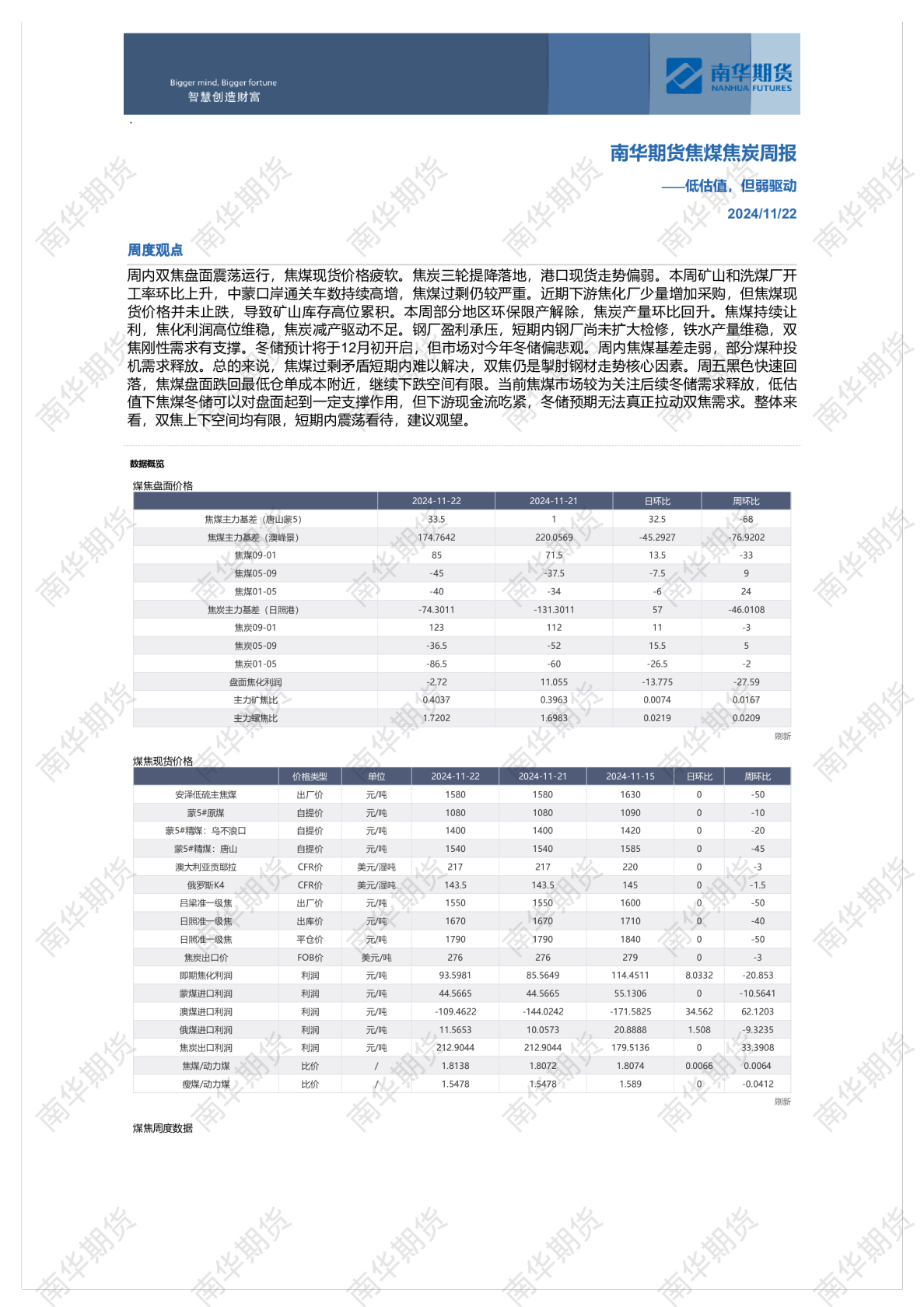 南华期货煤焦周报20241122：低估值，但弱驱动